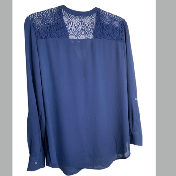 SoHo Womens Navy Blue High/Low Sheer Top with Lace Yoke and Front Zipper Size L - Picture 2 of 10